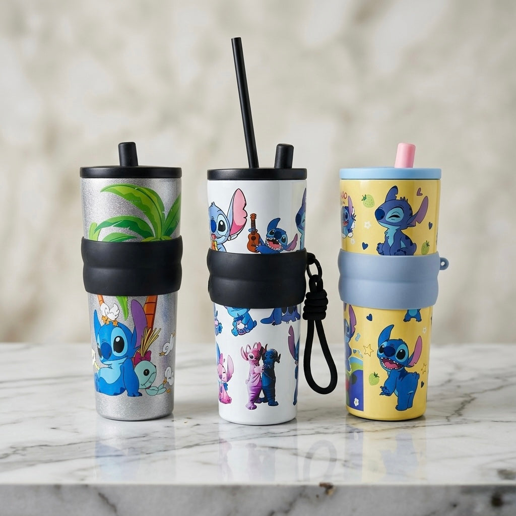 Tri šarene termo boce stitch od nehrđajućeg čelika s crnim i plavim silikonskim trakama i slamkama