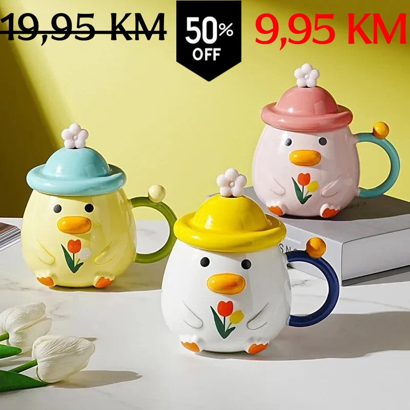 Tri bojne keramičke patke šolje s tulipanima, poklopcima i cvijećem