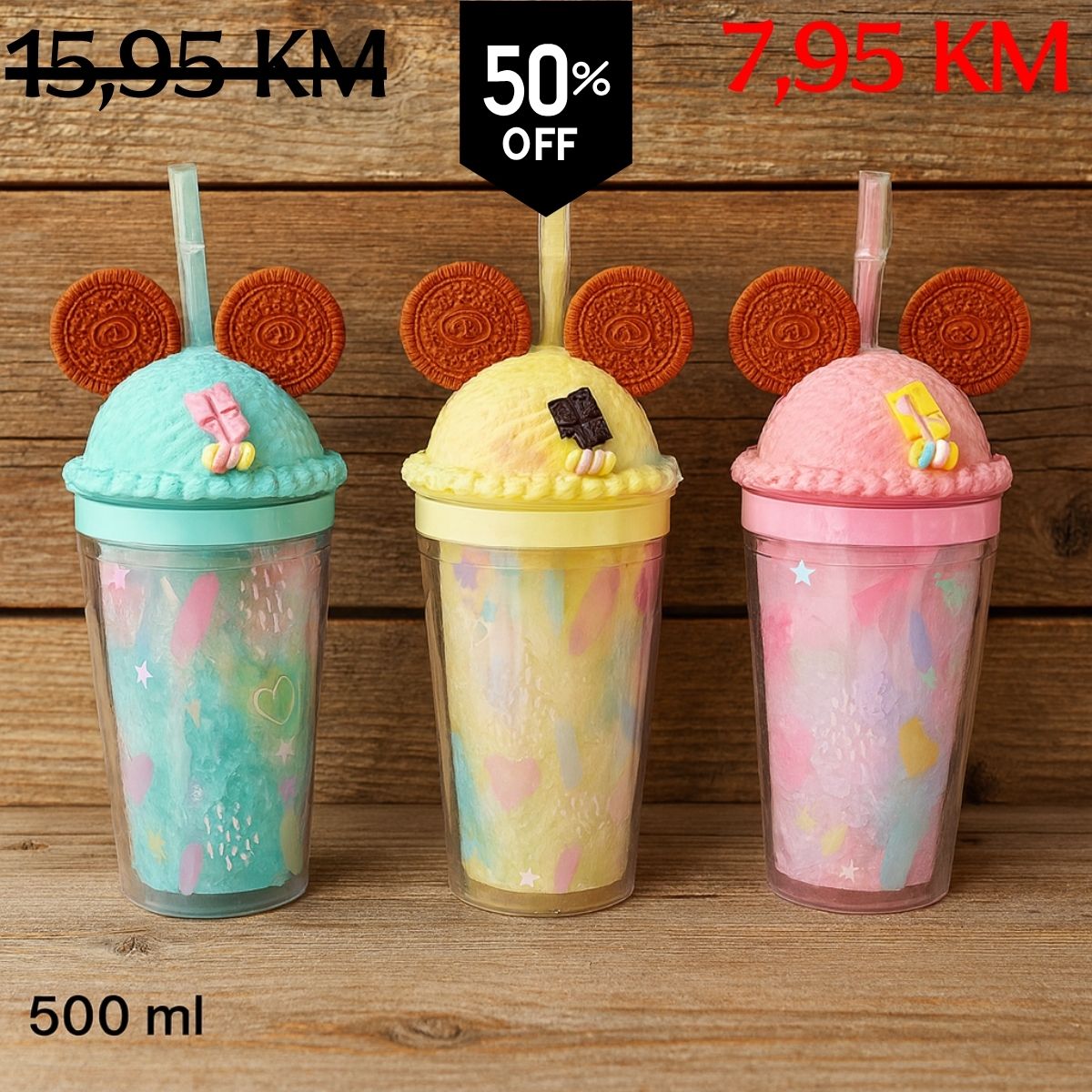 Tri OREO Latte flaše: 500 ml bočne termočaše s poklopcima u obliki sladoleda i sluščića Mickey Mouse