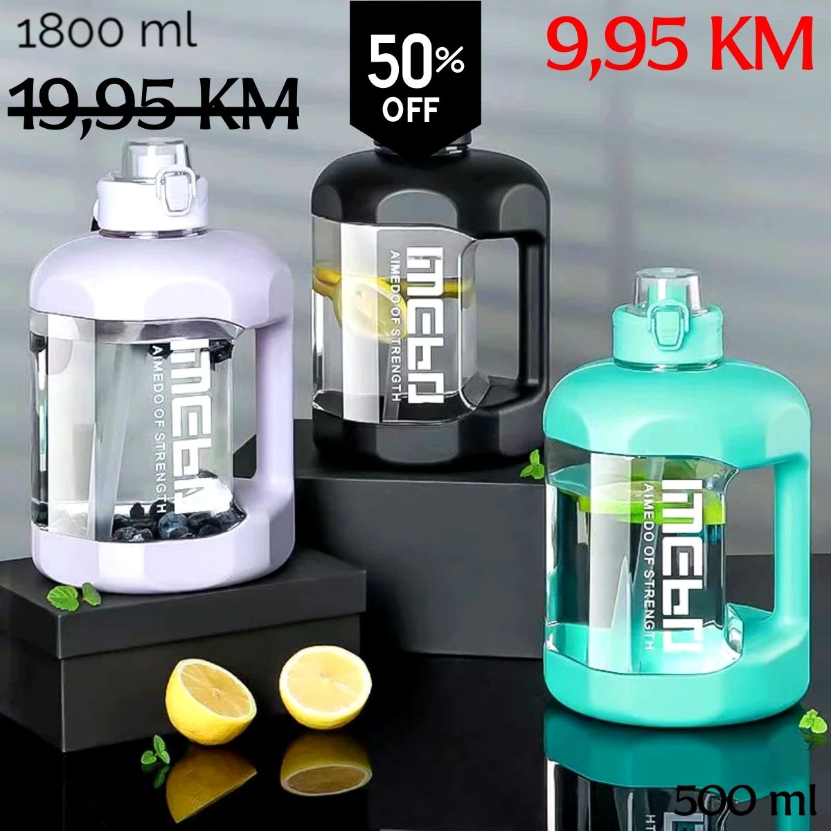 Tri lavendule, crne i tirkizne Sportske flaše Detox, prozirne s bijelim poklopcima i ručkama