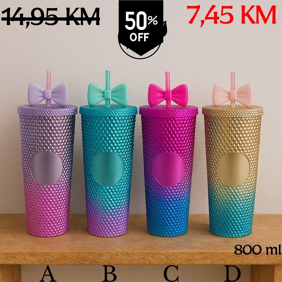 Četiri gradientno obojane teksturirane MAŠNA FLAŠA tumbleri (800 ml) s poklopcima i slamkama