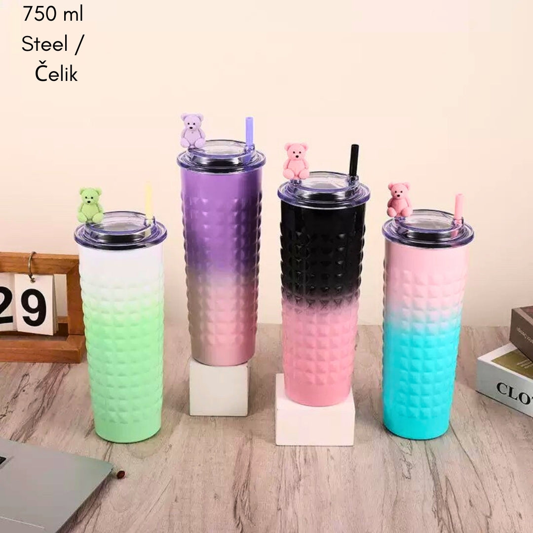 750 ml nehrđajuća čelična tumbler s gradient dizajnom i poklopcem u obliku medvjeda Medo termos čaša