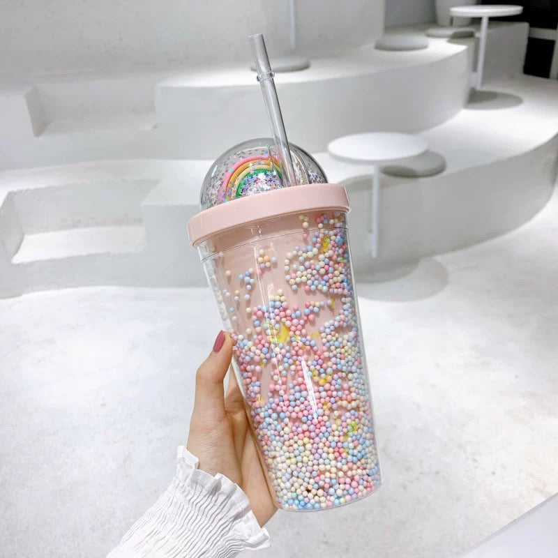 Candy Rainbow Flaša: jednorog tumbler s pastel perlicama i dužicom poklopcem