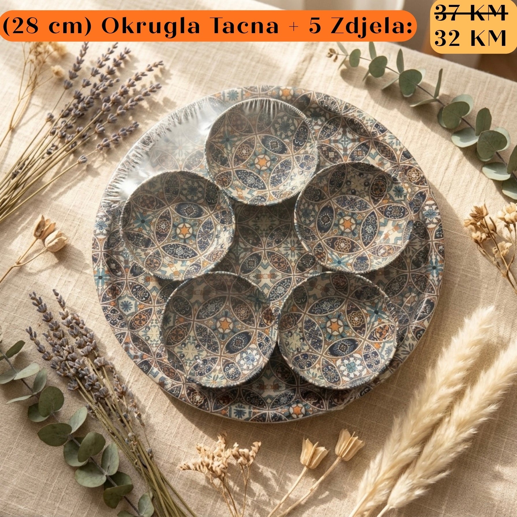 POKLON SET Okrugla Tacna + 5 Zdjela: keramički set s uzorkom u plavoj, smeđoj i bež boji