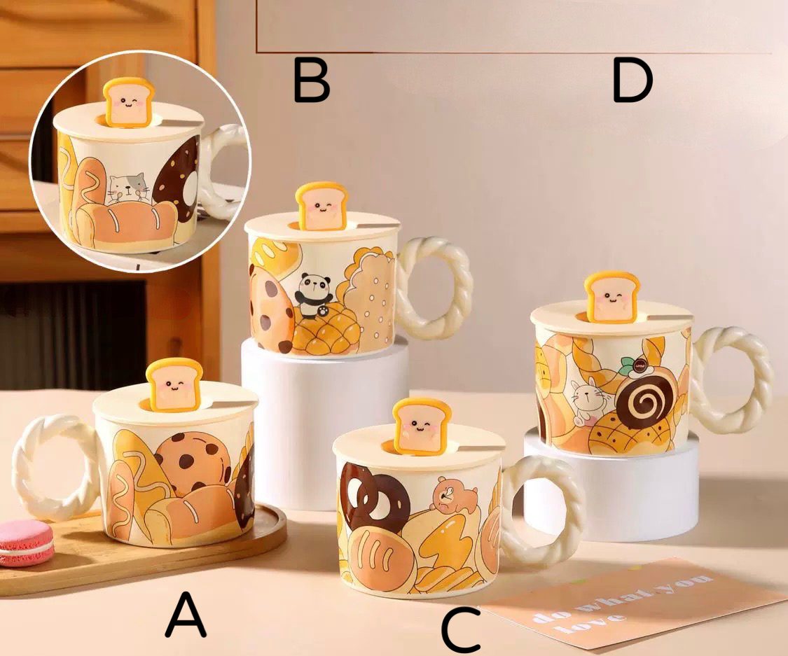 Keramička šolja set s cartoon motivima i poklopcem u obliku kruha