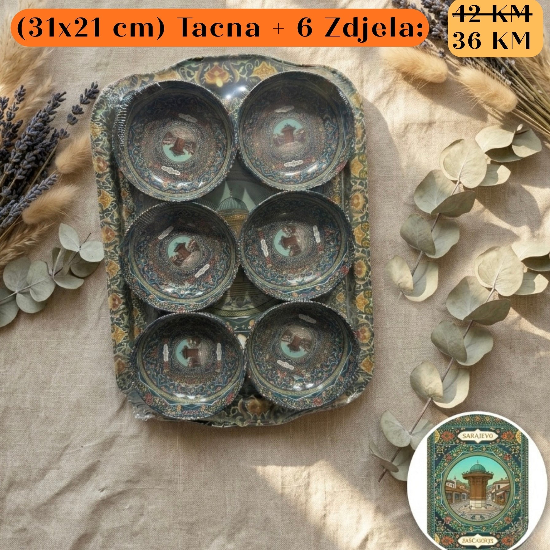 POKLON SET Tacna + 6 zdjela: ukrasni tamnozeleni metalni set s posuđem