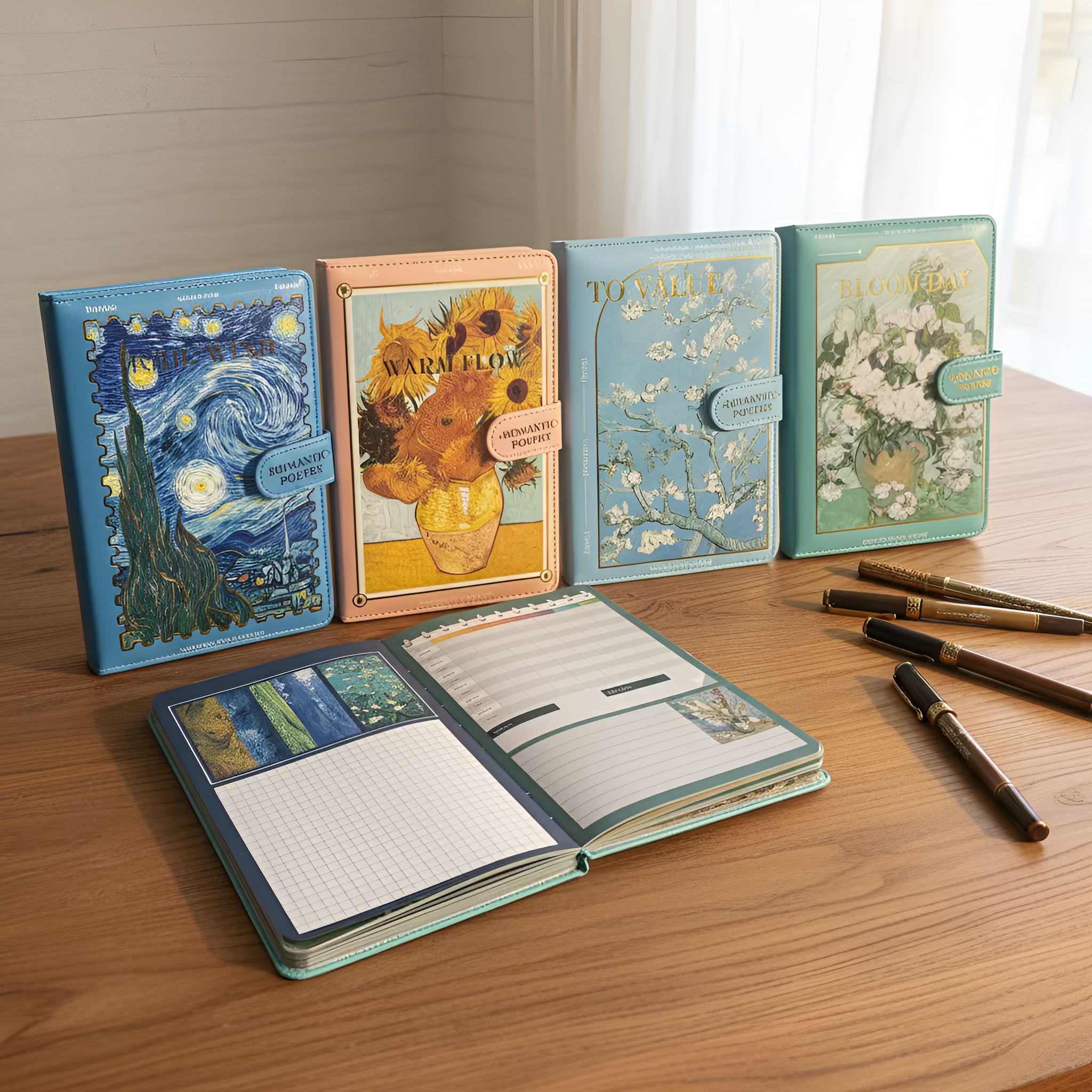 Vintage cvjetni notes s tealkrom i zlatnim detaljima, Van Gogh planner rokovnik A5