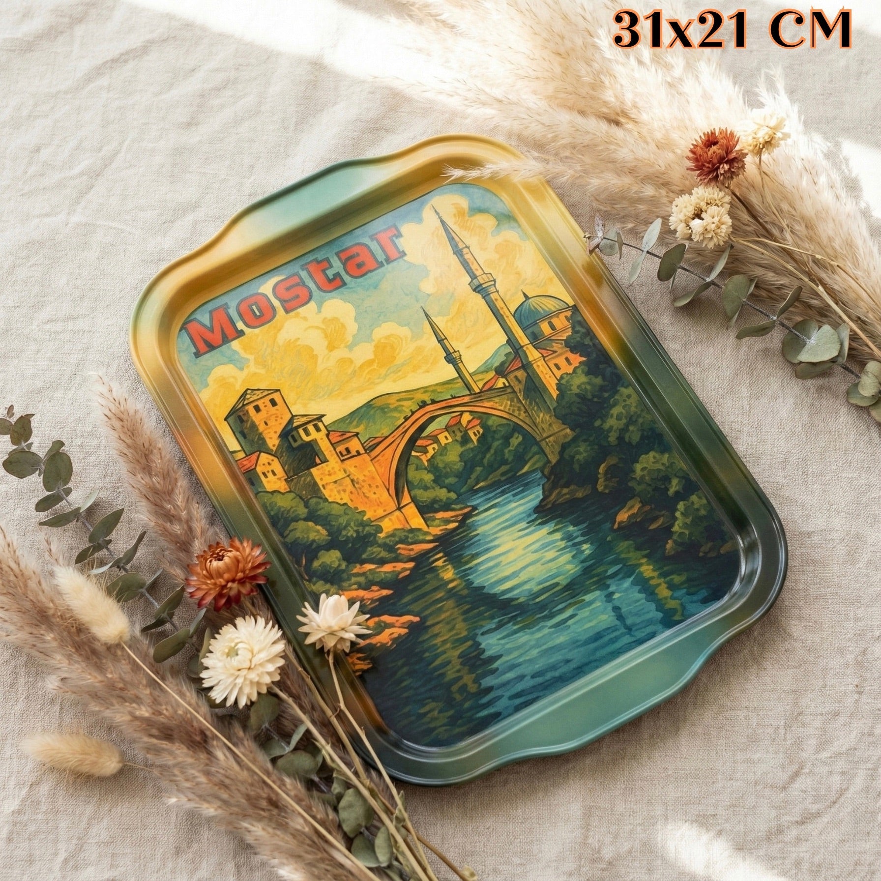 Vintage metalna tacna s Mostarom: Stari Most i povijesne zgrade