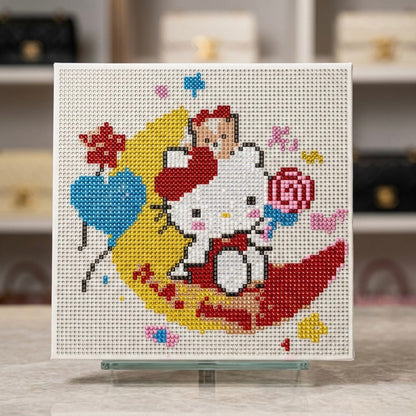 Završena Hello Kitty Moon dijamantska slika s crvenom mašnom i balonima