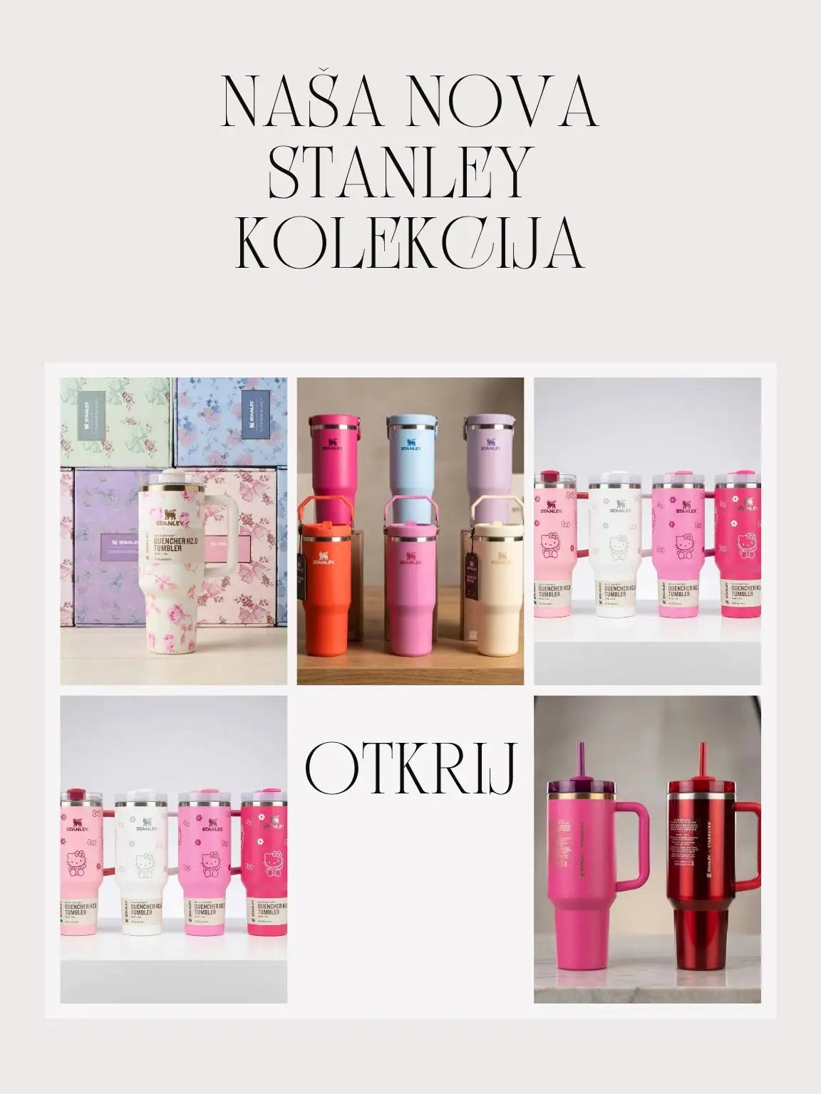 Zbirka živahnih, izoliranih Stanley čaša u različitim bojama i dizajnima.