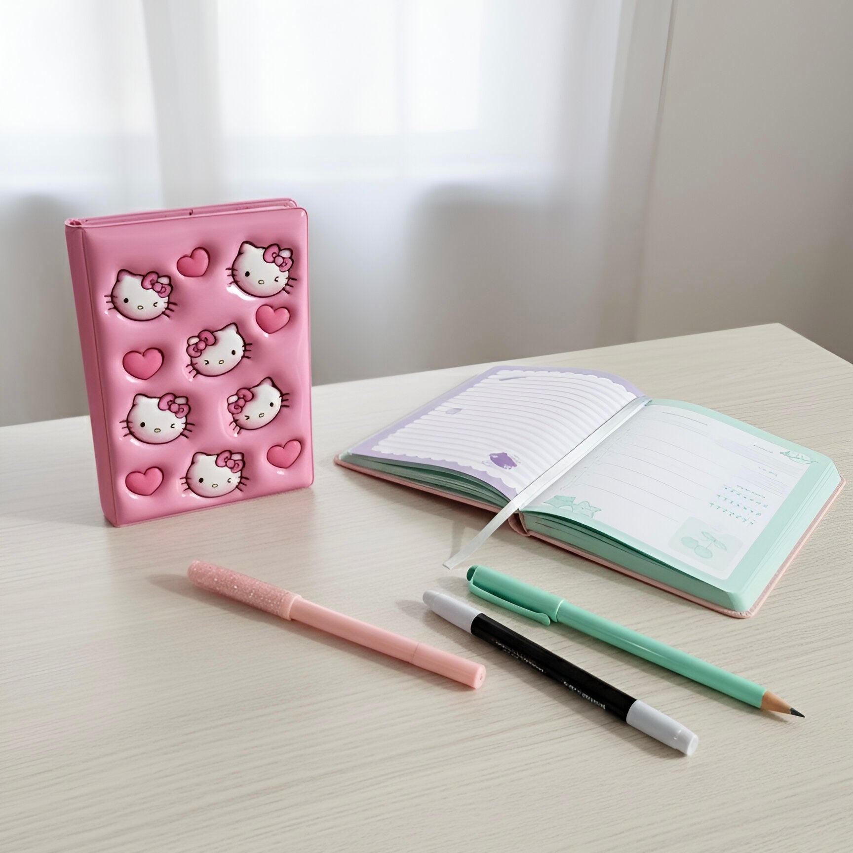 Ružičasti Hello Kitty notes s motivom srca i pastelnim olovkama