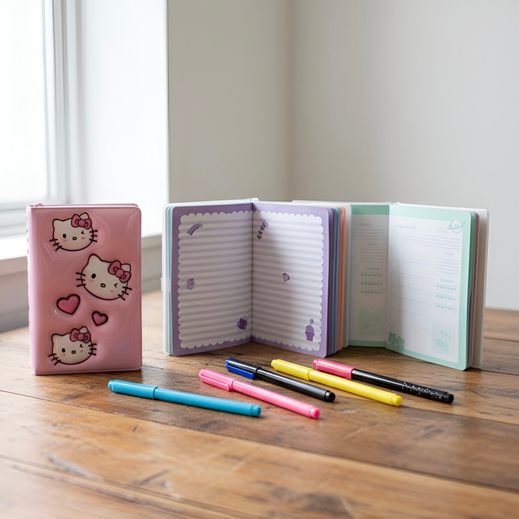 Ružičasti Hello Kitty notes s srcima i olovkama, planer A5