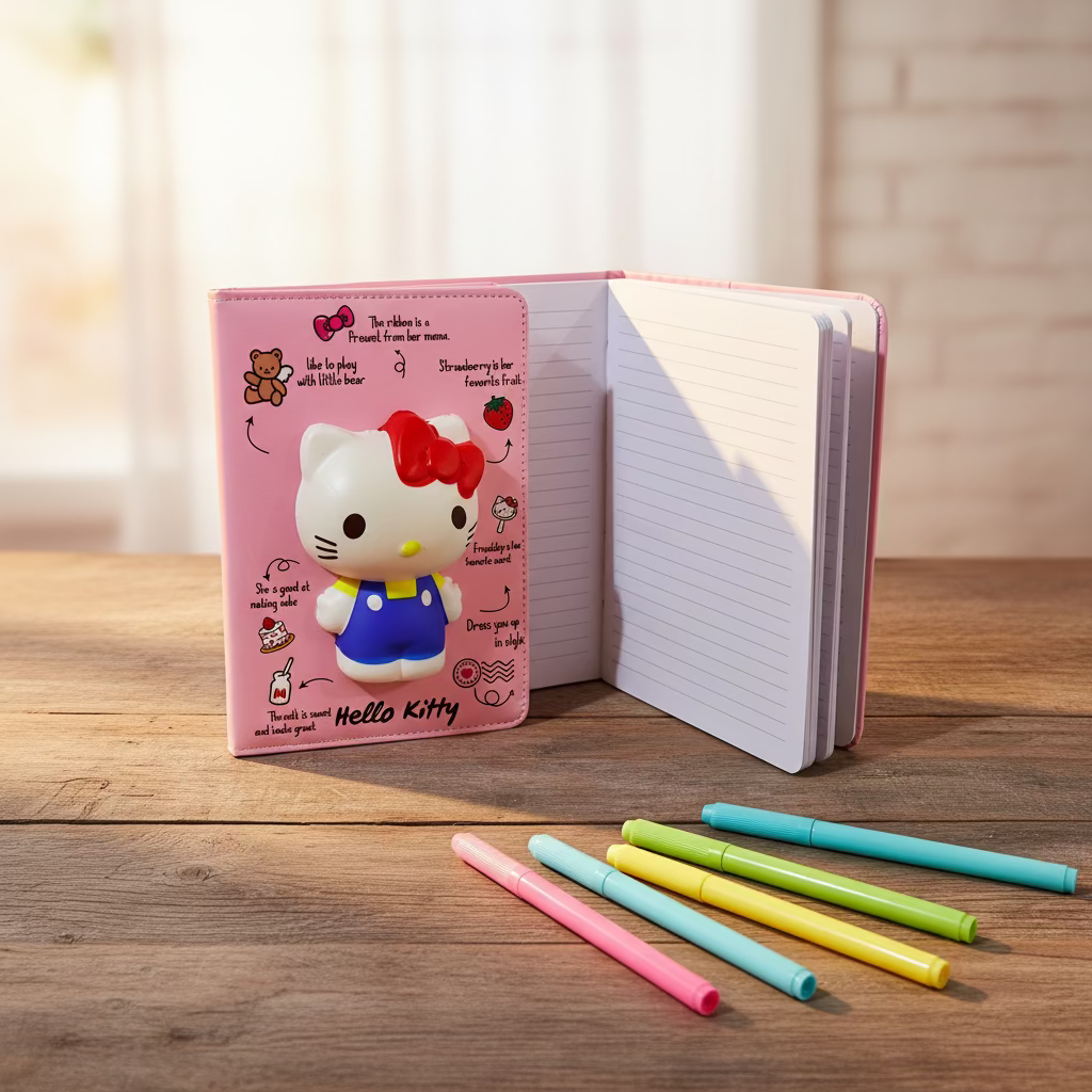 Rozdjevljeni Hello Kitty squishy rokovnik A5 s ružičastim notesom i šarenim olovkama