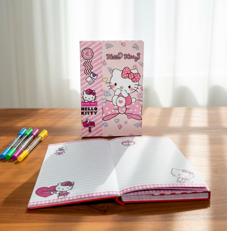 Hello Kitty rokovnik A5 s magnetom, ružičasto-bijeli kari, olovka i porcilanski set čajnik