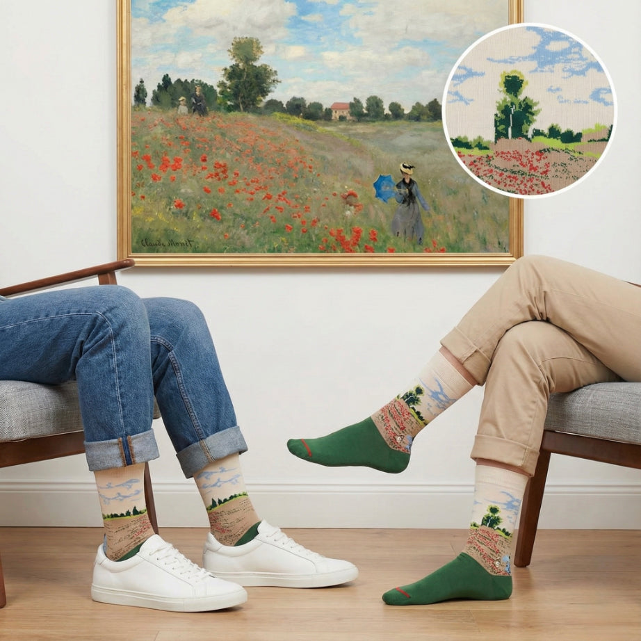 Zelene i bež čarape s printom polja maka kod Argenteuila Claudea Moneta