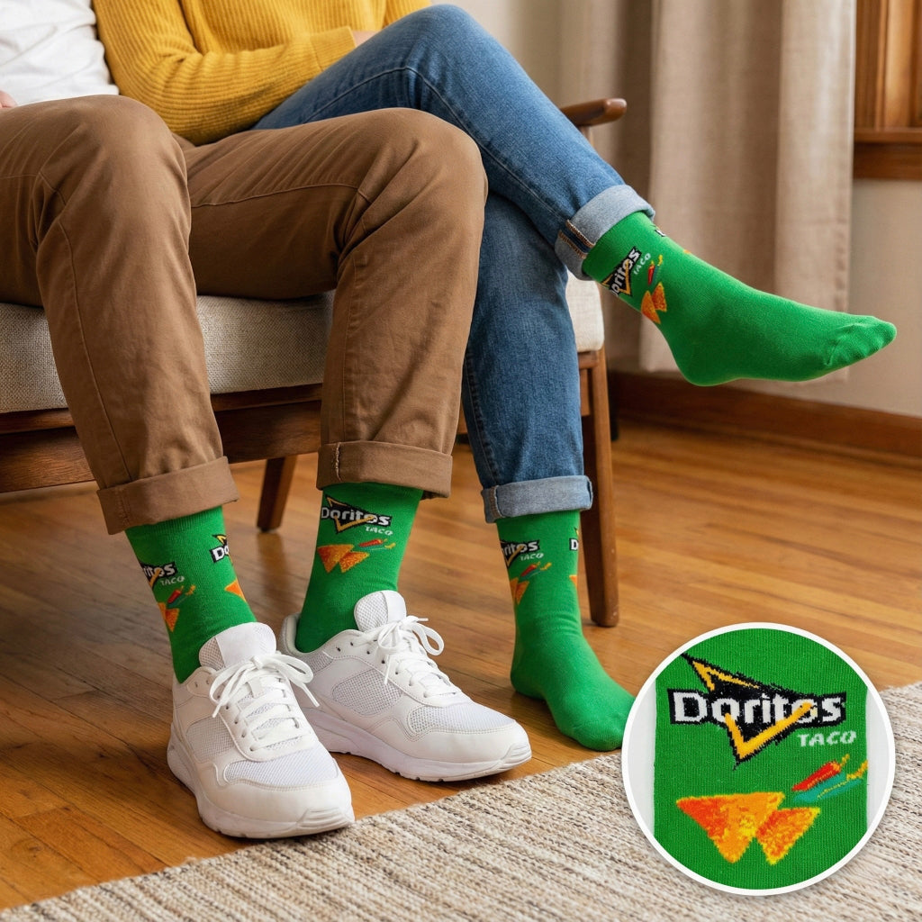 Zelene Doritos čarape s narančasto-žutim tortilja čip grafičkim motivima