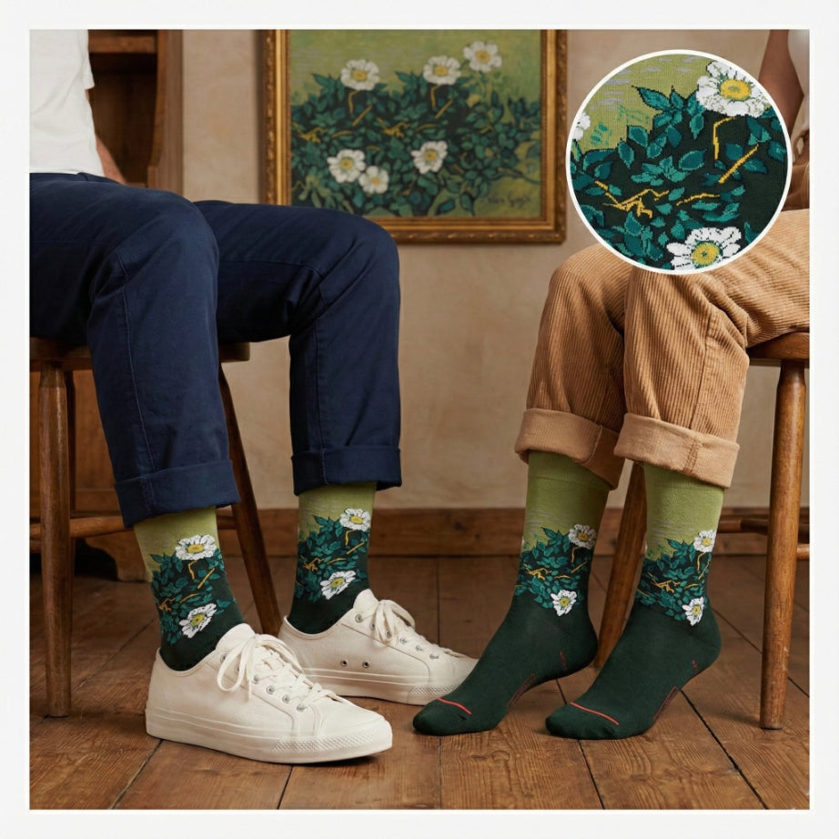 Zelene čarape s divljim ružama Van Gogh i botaničkim uzorkom