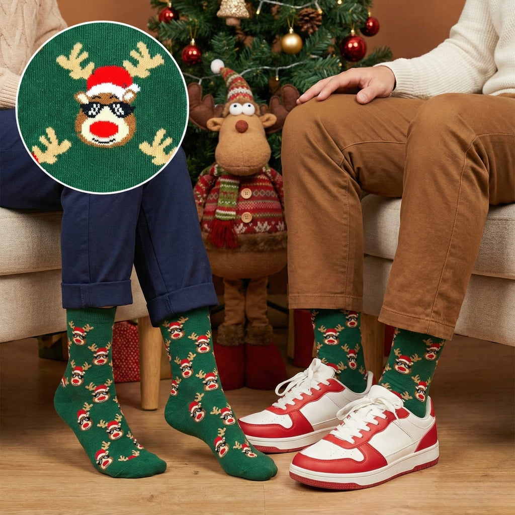 Zelene pletene čarape IRVAS ČARAPE s motivom jelena u crvenim kapićima i crnim naočalama