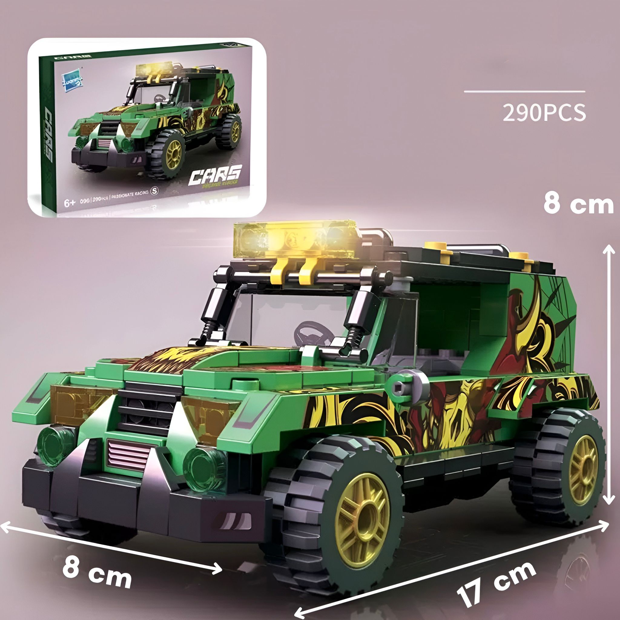 Zeleni trkaći auto lego s plastičnim kockama u zeleno žutom kamuflažnom uzorku i zlatnim naplatcima