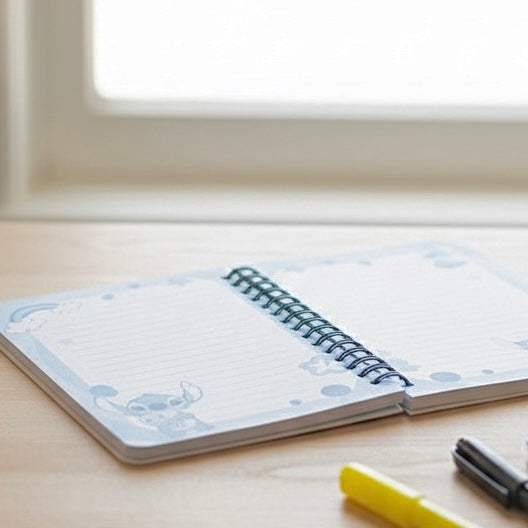 Stitch Spirala Rokovnik A5 s plavobijelim dizajnom i bikom na korici