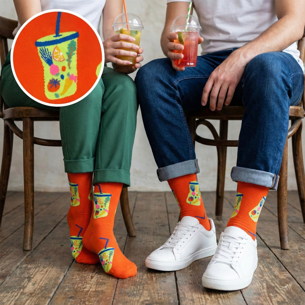 Žive narančaste čarape COCTAIL ORANGE ČARAPE s motivom voćnog pića