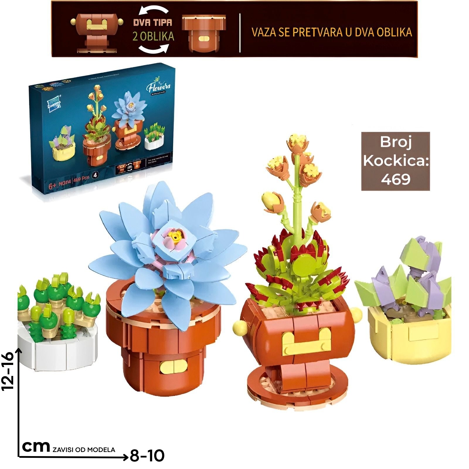 Lego cvijeće u saksijama 4 prikazuje plavu sukulent biljku od plastičnih kocaka s detaljnim cvijetom i žutim središtem