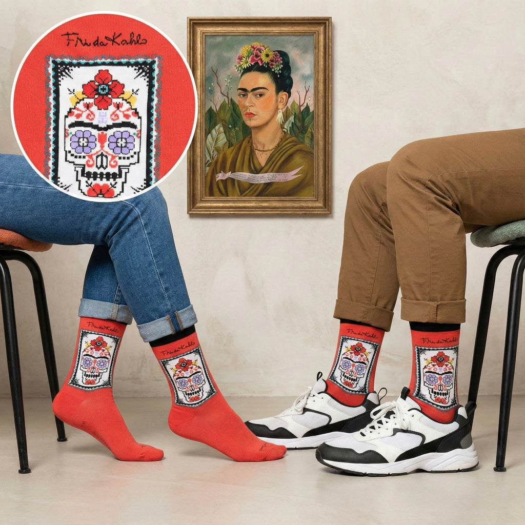 Vibrantne crvene čarape Frida Kahlo s vezenim šećernim lubanjom i cvjetnim detaljima