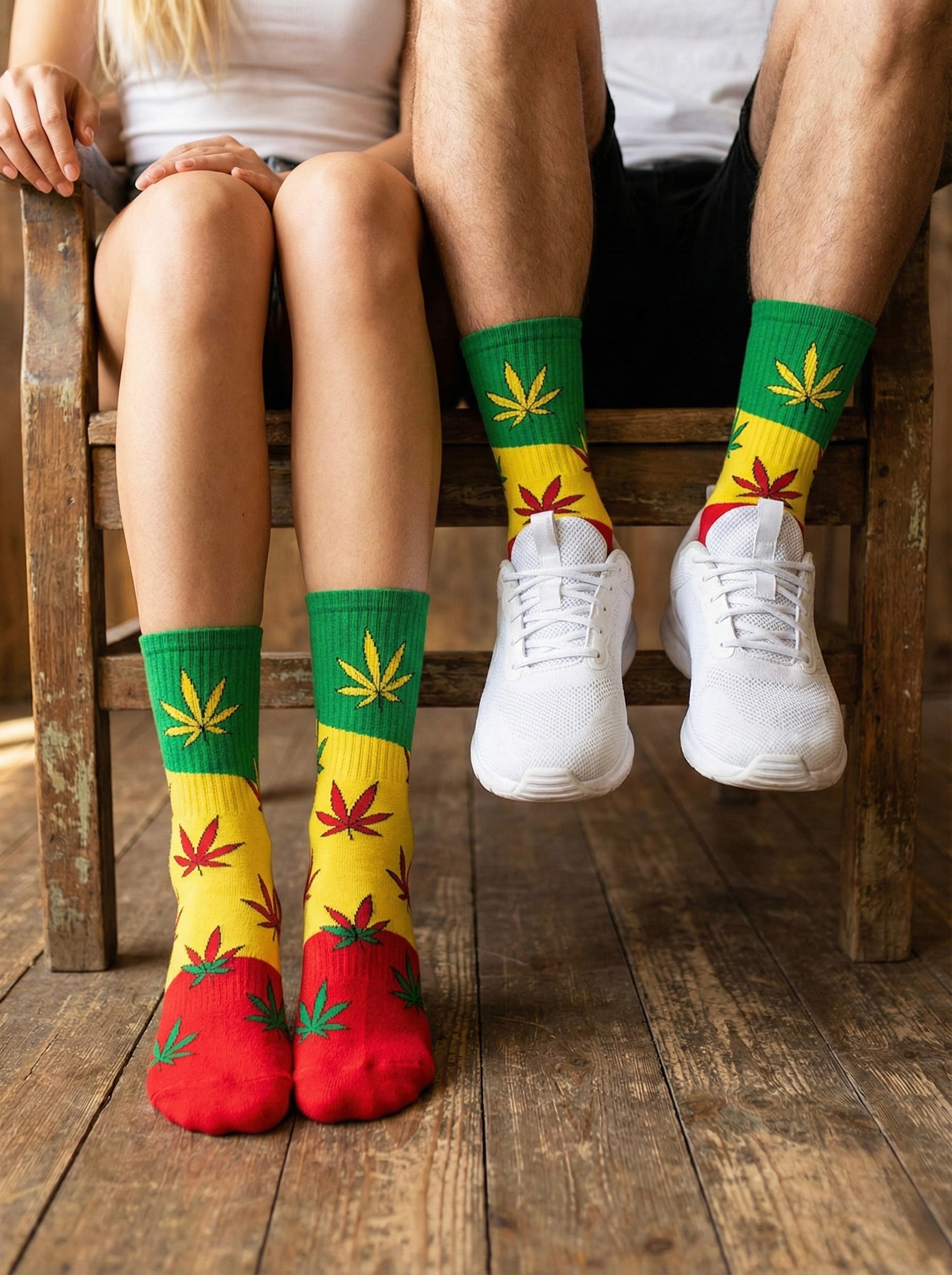 Žive marihuana čarape s trobojnim listovima kanabisa u zelenoj, žutoj i crvenoj boji