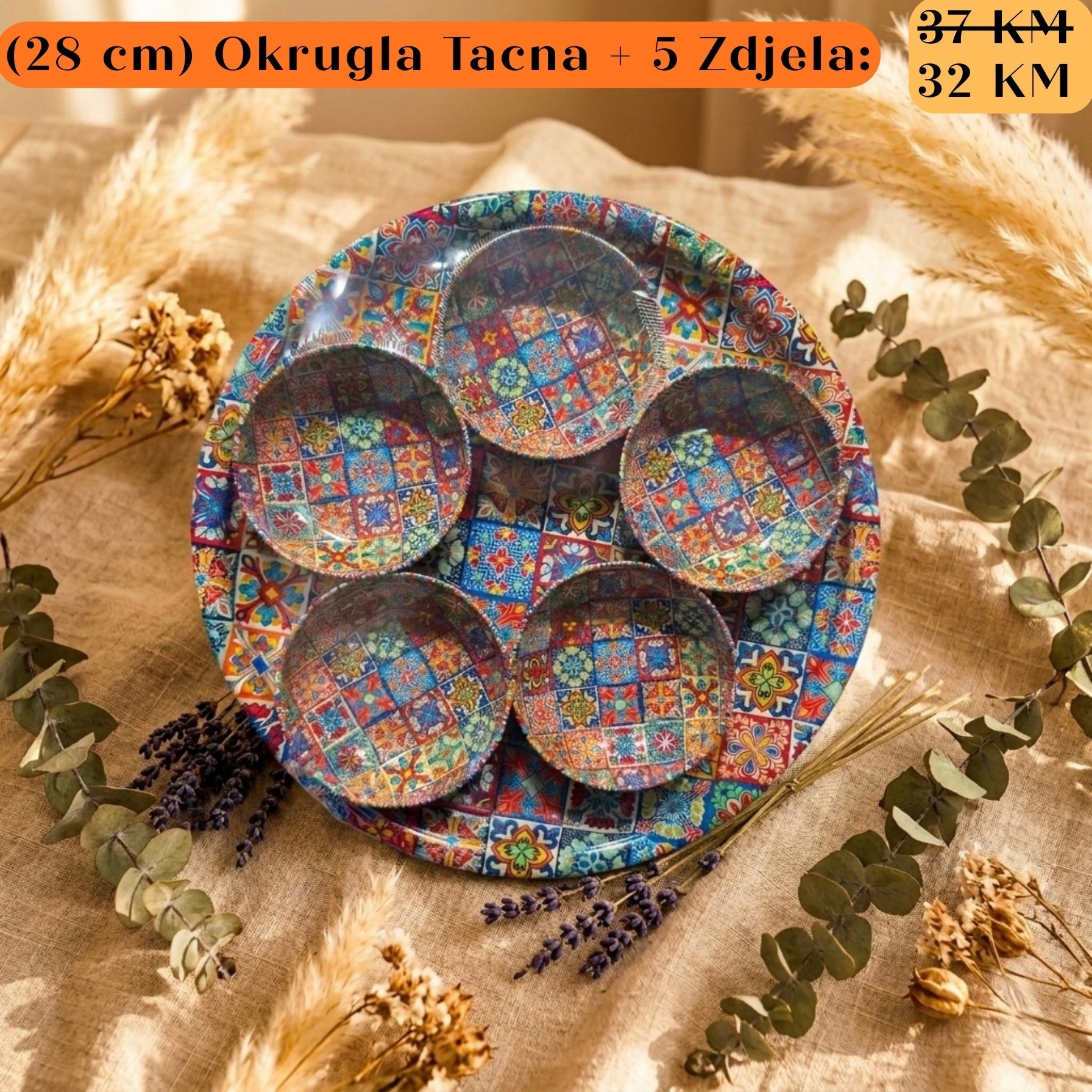 POKLON SET: Okrugla tacna + 5 zdjela u šarenim mozaik pločicama