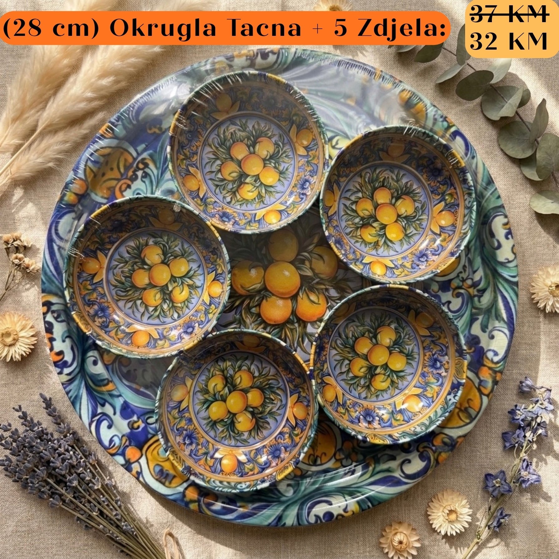 Vibrantan ručno oslikan set POKLON: Okrugla tacna + 5 zdjela s limunovima
