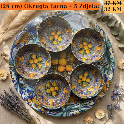 Vibrantan ručno oslikan set POKLON: Okrugla tacna + 5 zdjela s limunovima