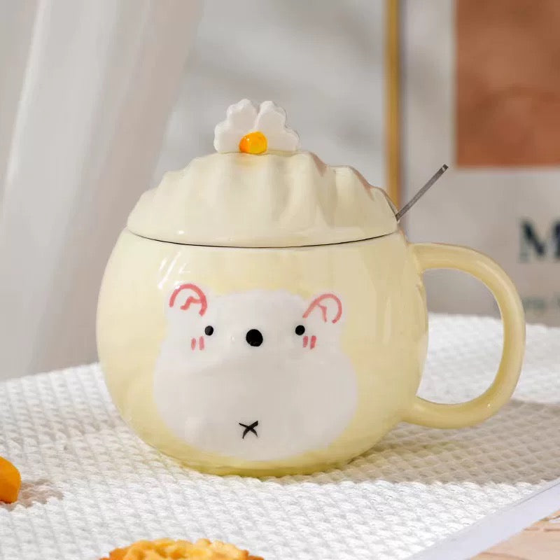 Žuta keramička šolja s licem medvjeda i cvjetnim poklopcem, Hamster keramička šolja set