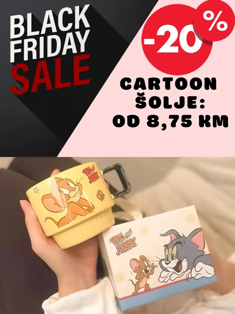 Žuta crtana lik kutija za ručak s crnim remenom i bijelim poklopcem s dizajnom Toma i Jerryja.