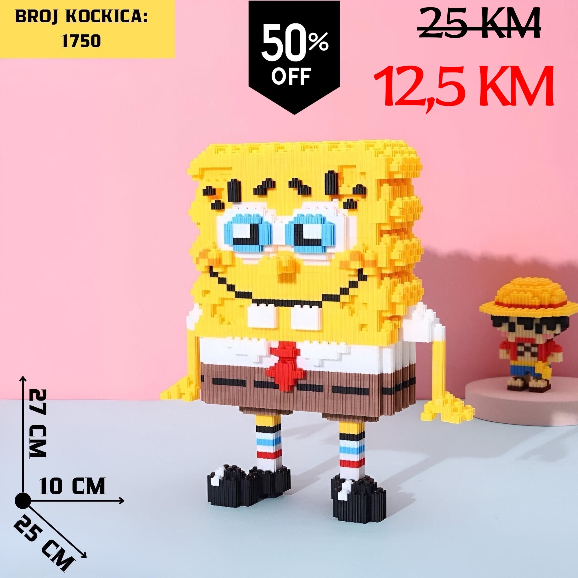 Žuti SpongeBob LEGO lik od 1750 kockica s plavim očima, crvenom kravatom i prugastim čarapama