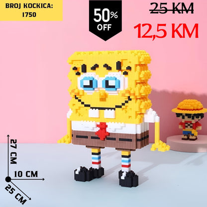 Žuti SpongeBob LEGO lik od 1750 kockica s plavim očima, crvenom kravatom i prugastim čarapama