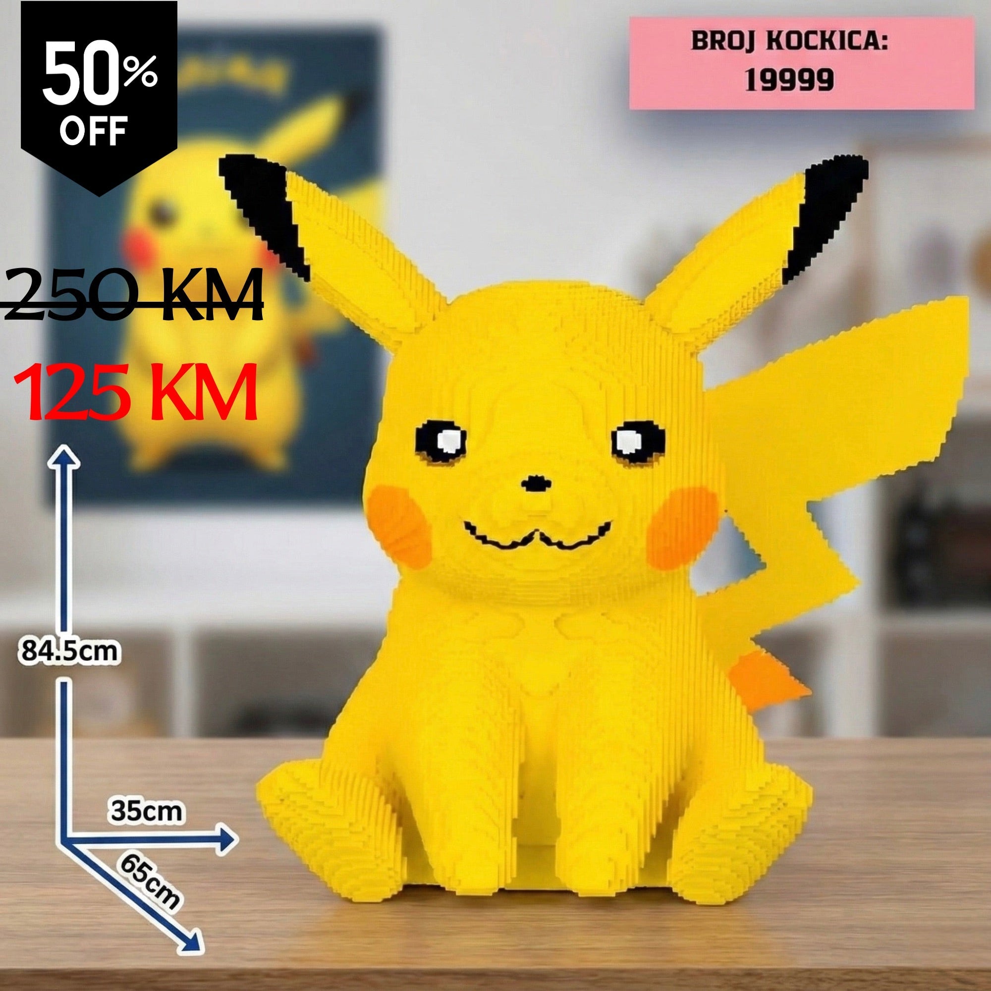 Žuti Pikachu figurina od 19999 međusobno spojivih plastičnih kockica