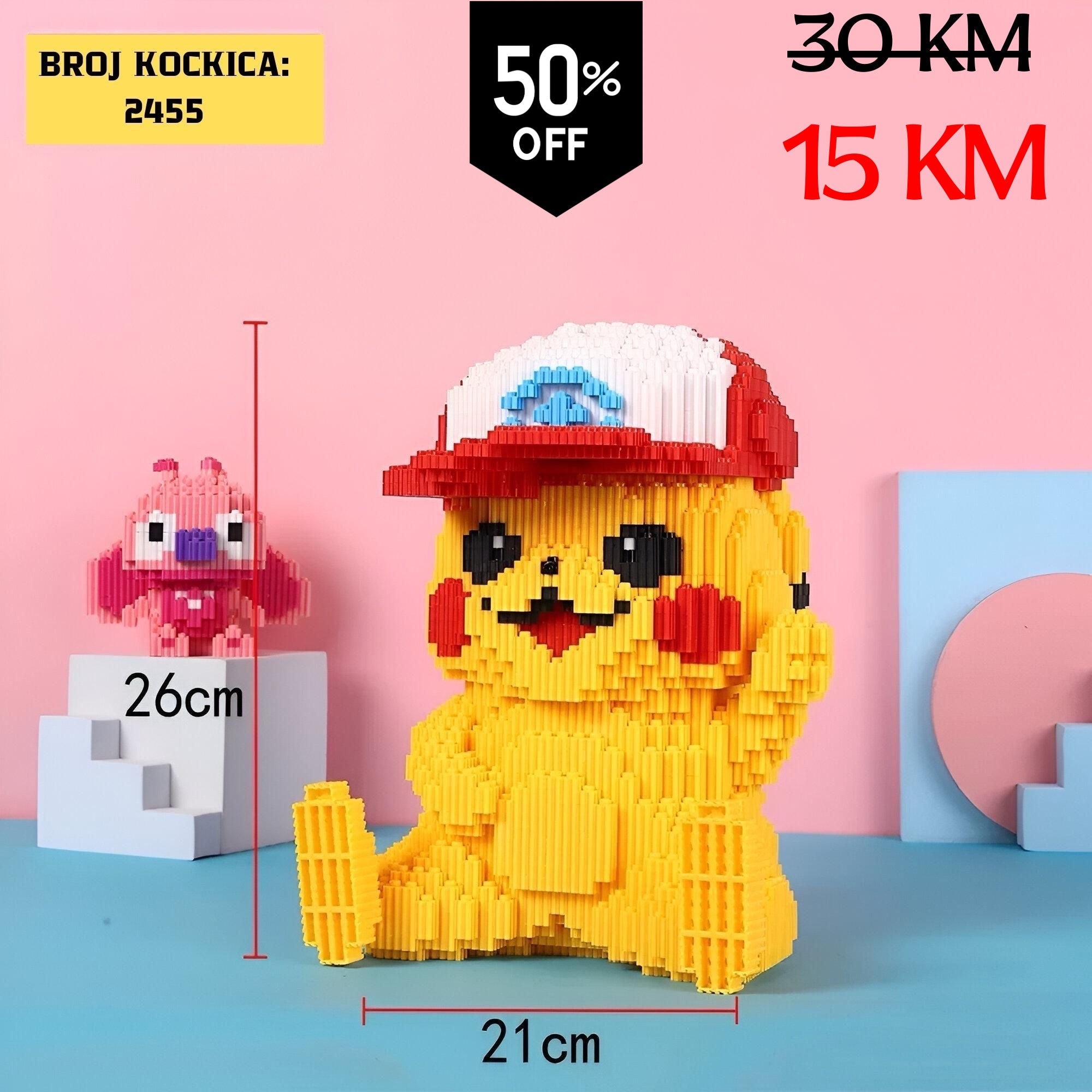 Žuti Pikachu od Lego kockica (2455) s crveno-bijelom kapom