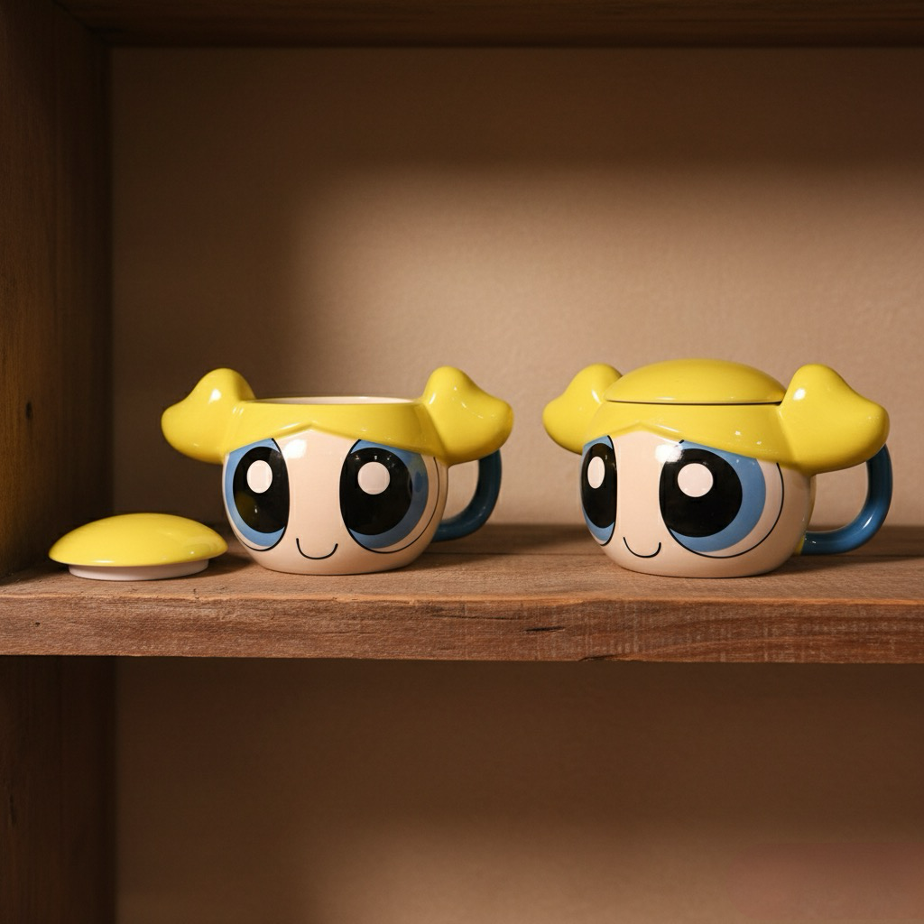 Žuta i plava keramička šolja s Powerpuff Girls Bubbles dizajnom