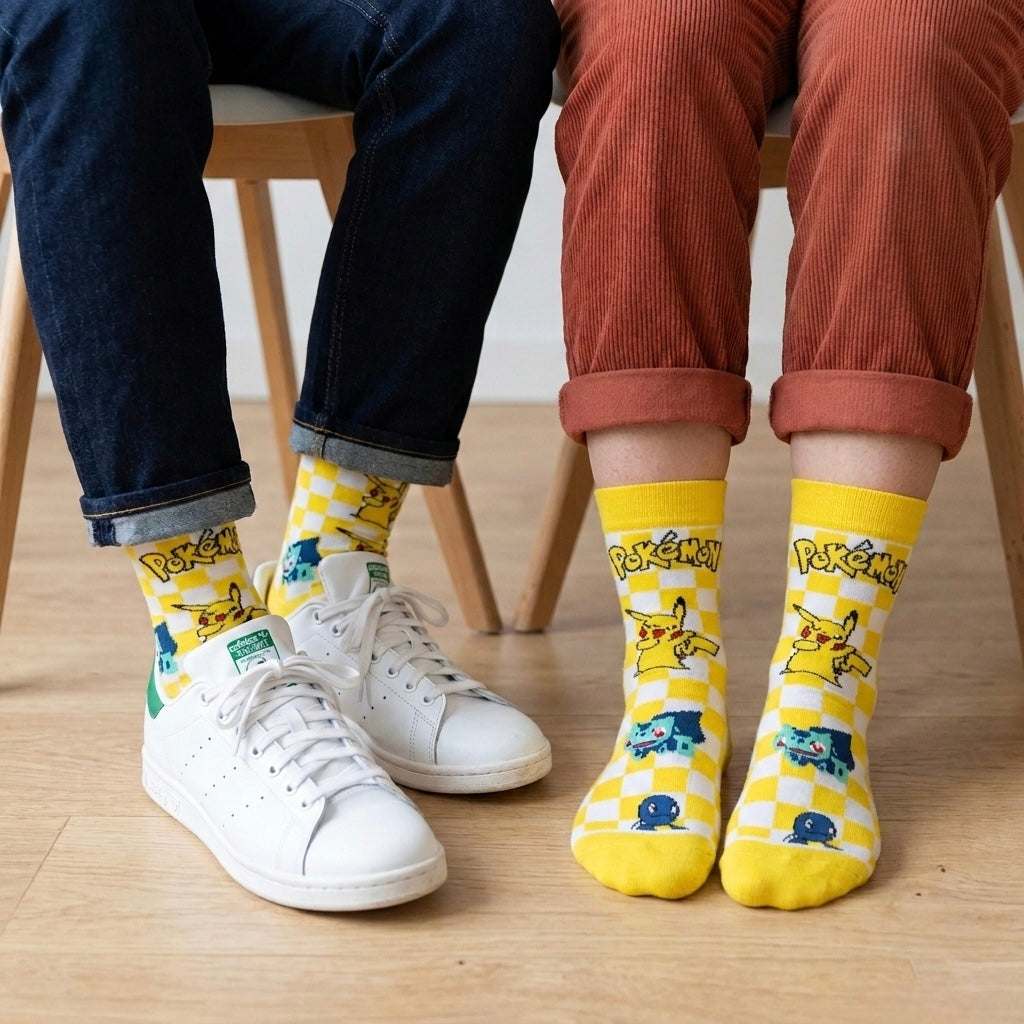 Žute i bijele karirane čarape Pokémon s Pikachujem i Bulbasaurom