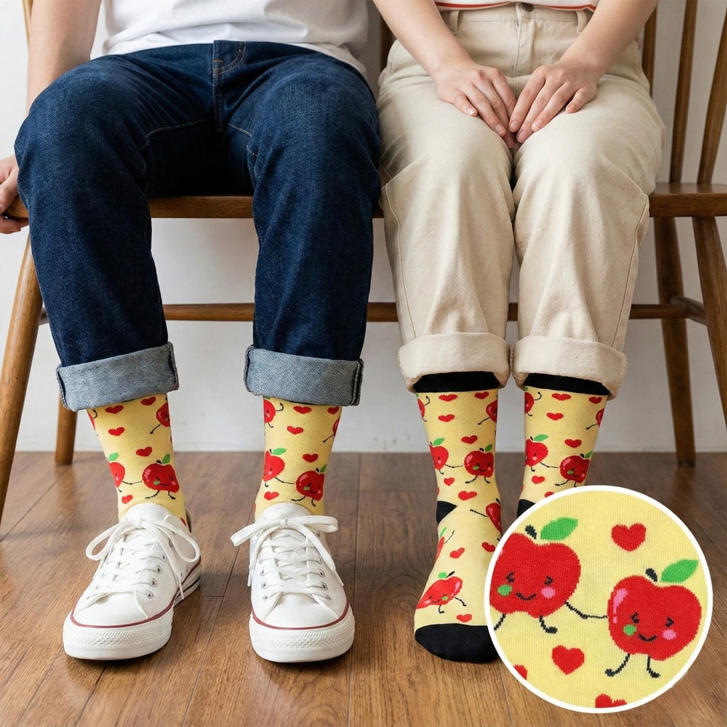 Žute čarape Happy Apples s veselim crvenim jabukama i srčićima