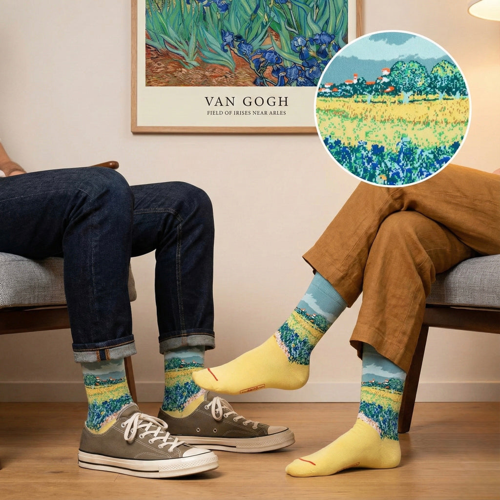 Žute čarape s dizajnom Van Goghovog Polja irisa kod Arlesa u plavoj i zelenoj