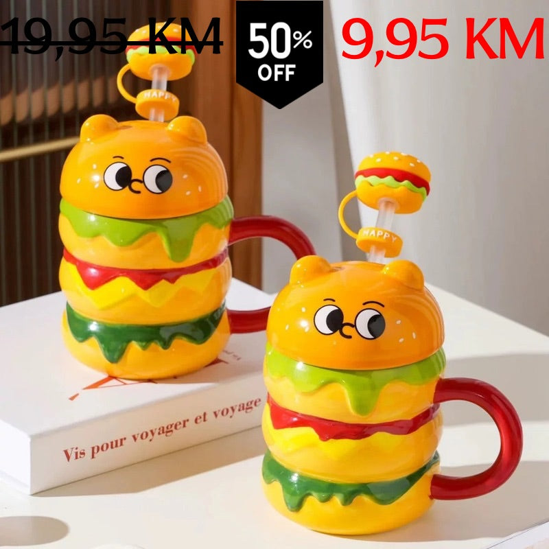 Žuta crtana keramička šalica u obliku hamburgere s poklopcem i slamkom